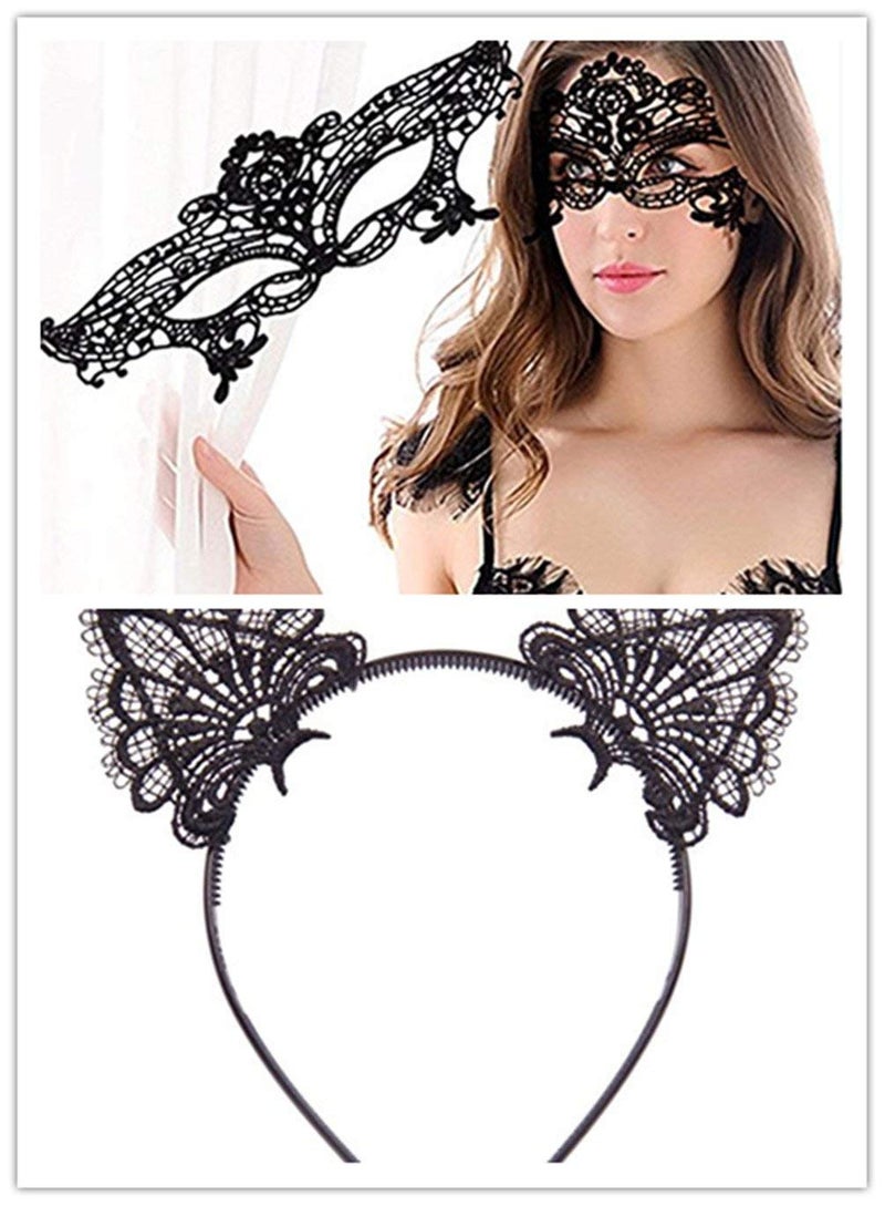 AISIBO Fashion Cat Ears Headband Lace Eye Mask Costume Couples Cute Sexy Women Lady Eyemask Masquerade Mask Hair Elastic Hoop for Carnival Party Prom Ball Halloween Christmas Cosplay (Black) - Image 3